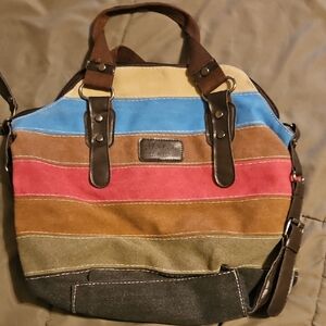 Multicolor Striped Mei Si Luo Di Bag with Brown Accents